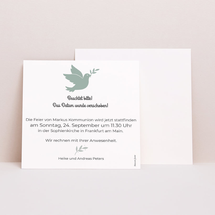 Beilegekarte Kommunion Quadrat Gesandter des Friedens foto