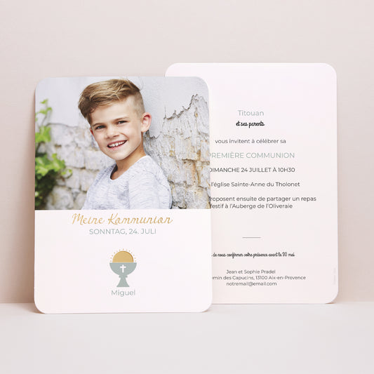 Einladungskarte Kommunion Porträt, abgerundete Kanten Ziborium foto