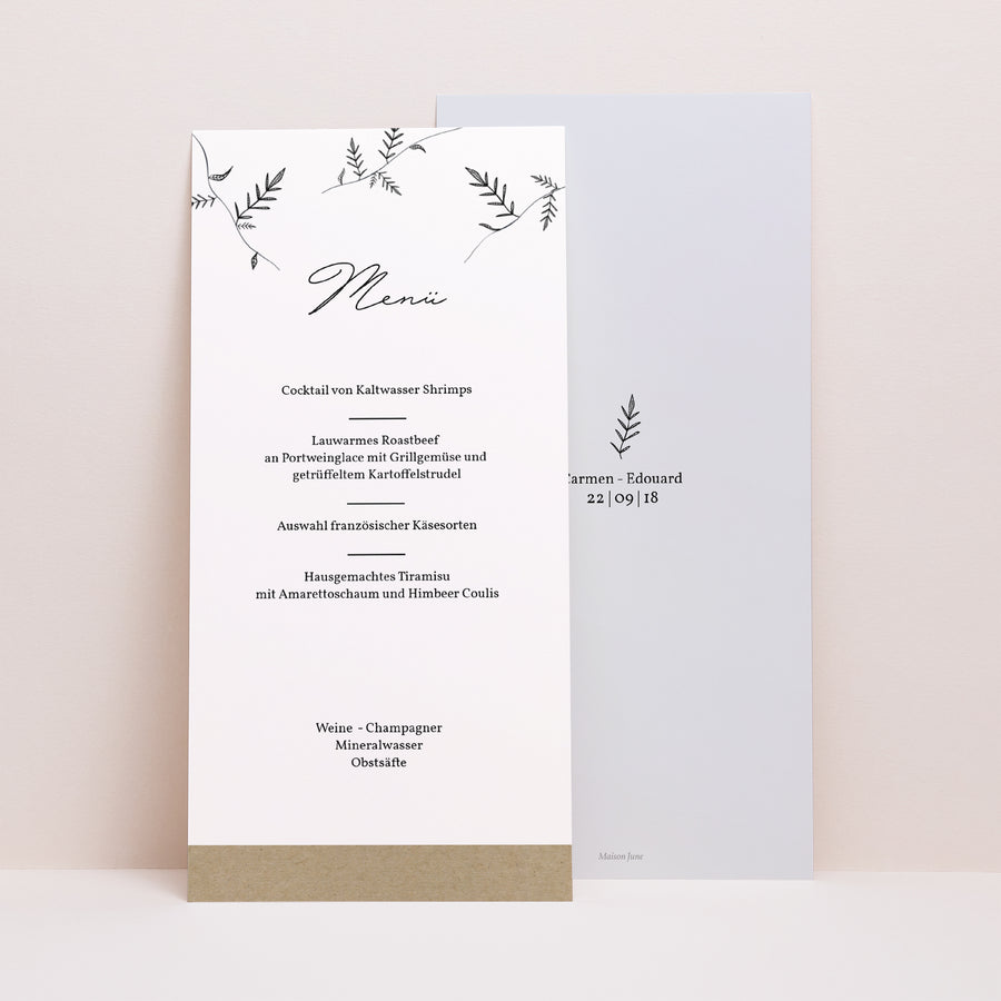 Menükarte Hochzeit Panoramatisches Porträt Kraft und Zweige foto