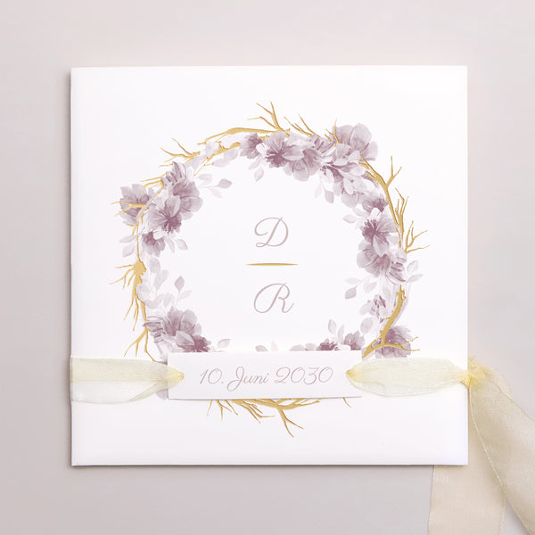 Hochzeitseinladung Quadratische Hülle, 3 Karten, Etikett Vintage Chic Rose foto