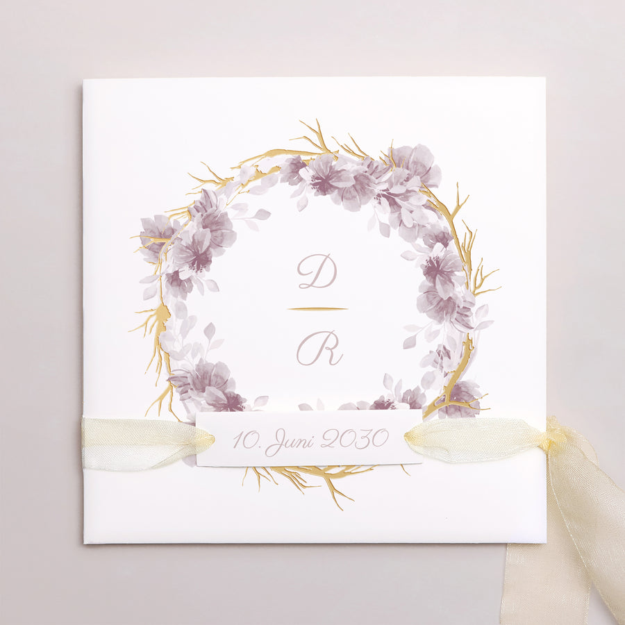 Hochzeitseinladung Quadratische Hülle, 3 Karten, Etikett Vintage Chic Rose foto