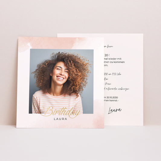 Beilegekarte Geburtstag Erwachsener Quadrat Rosa und Pudergold foto
