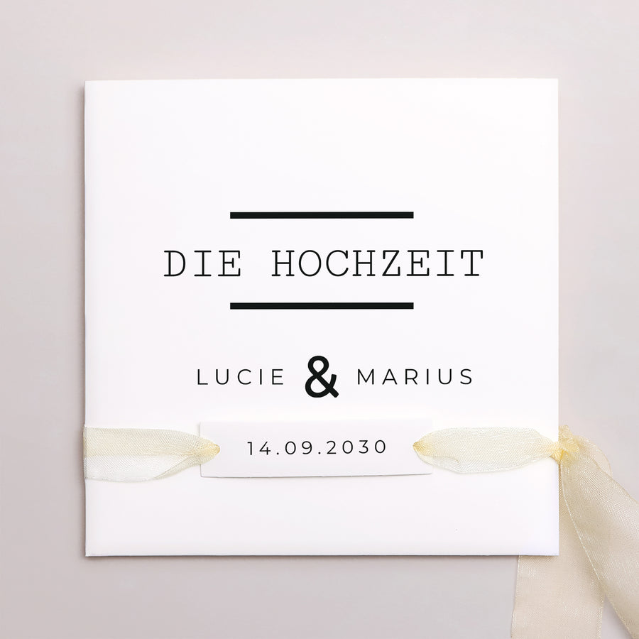 Hochzeitseinladung Quadratische Hülle, 3 Karten, Etikett Cappuccino foto