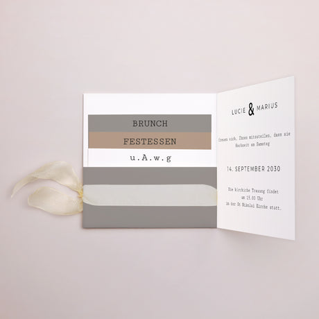 Hochzeitseinladung Quadratische Hülle, 3 Karten, Etikett Cappuccino