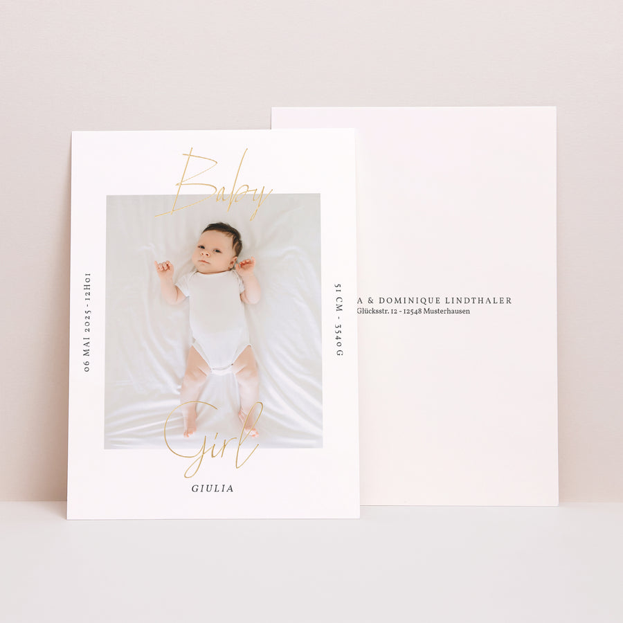 Geburtskarte Baby Girl Gold foto