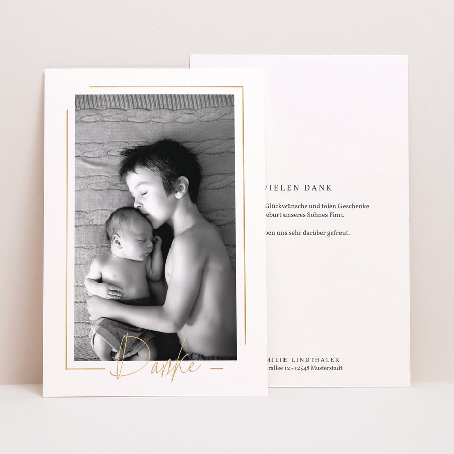 Dankeskarte Geburt PortraitPorträt Baby Boy Gold foto