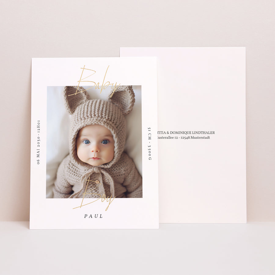 Geburtskarte Baby Boy Gold foto