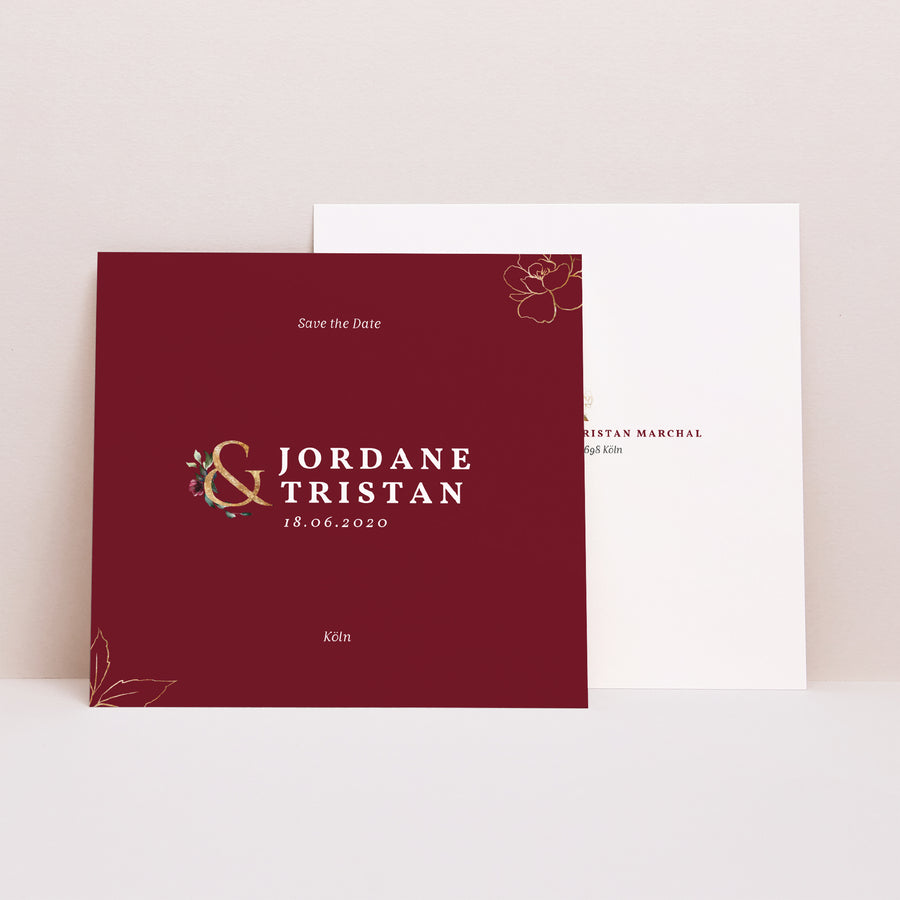 Save the date Karte Hochzeit Quadrat Marsala-Blumen foto