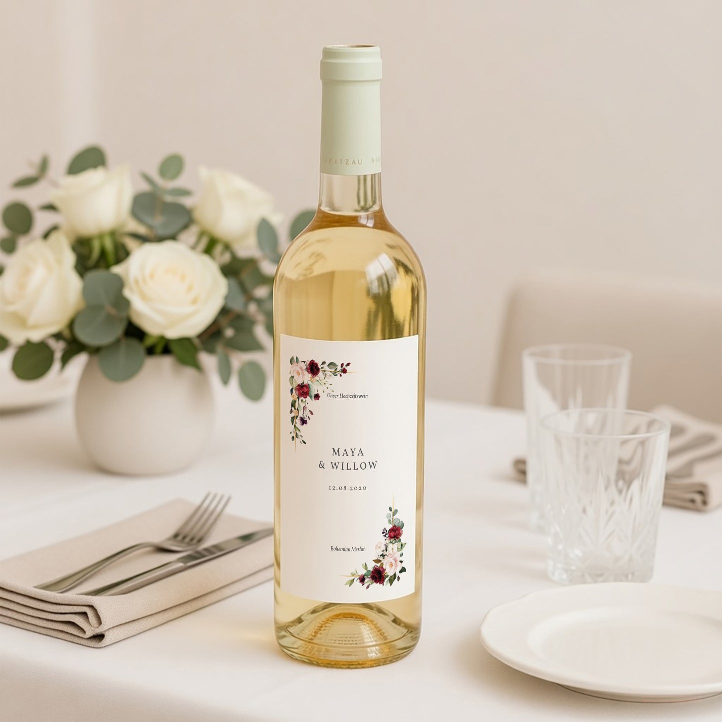 Flaschenetikett Hochzeit Porträt Krone Marsala foto N° 2