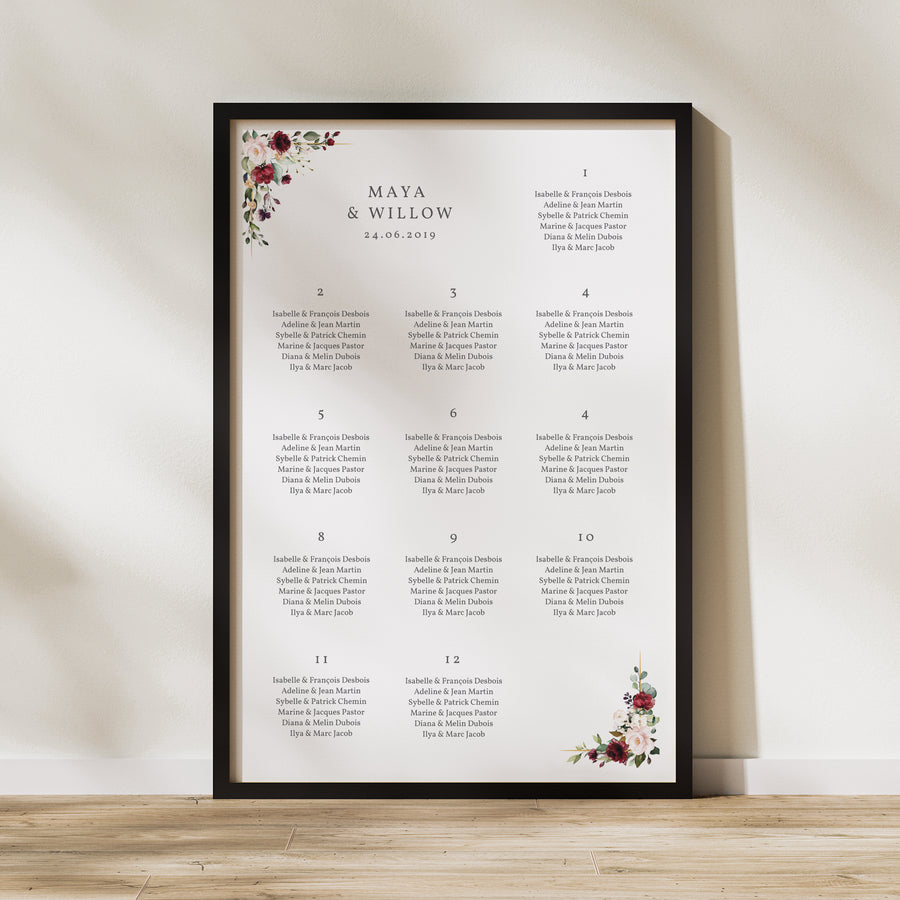 Sitzplan Hochzeit Porträt 60 x 90 cm Krone Marsala foto