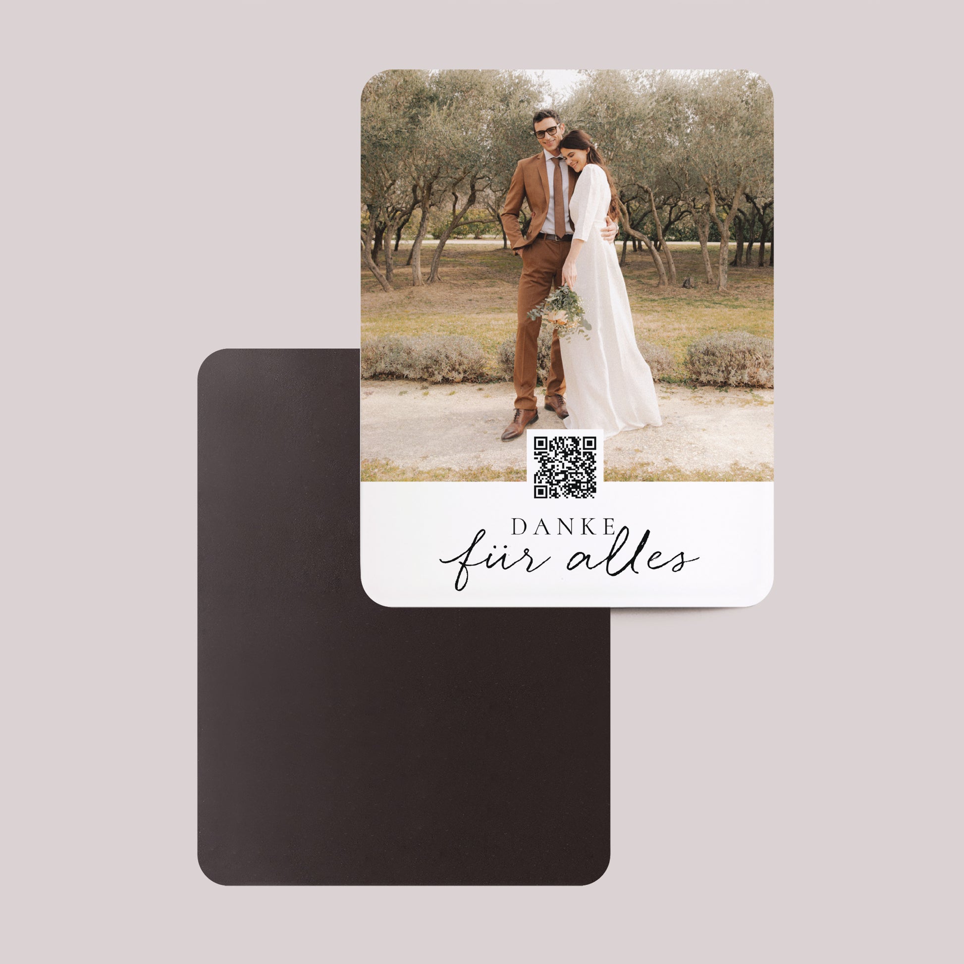 Dankeskarte Hochzeit Set von 8, magnetisch, rechteckig mit abgerundeten Ecken Zimtfarbene Kalligraphie foto N° 2