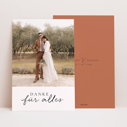 Dankeskarte Hochzeit PortraitPorträt Zimtfarbene Kalligraphie foto