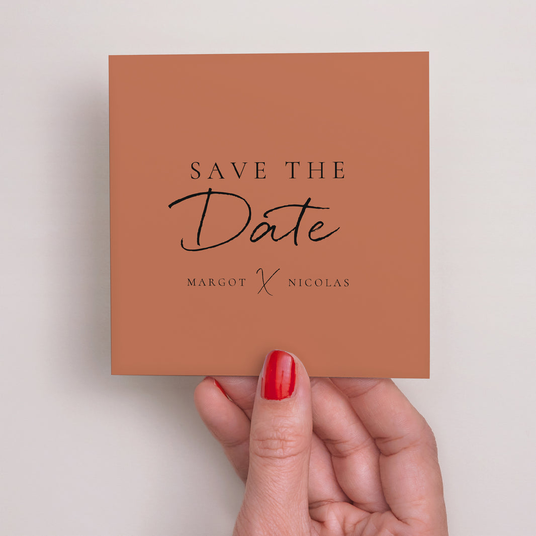 Save the date Karte Hochzeit Quadrat Zimtfarbene Kalligraphie foto N° 2