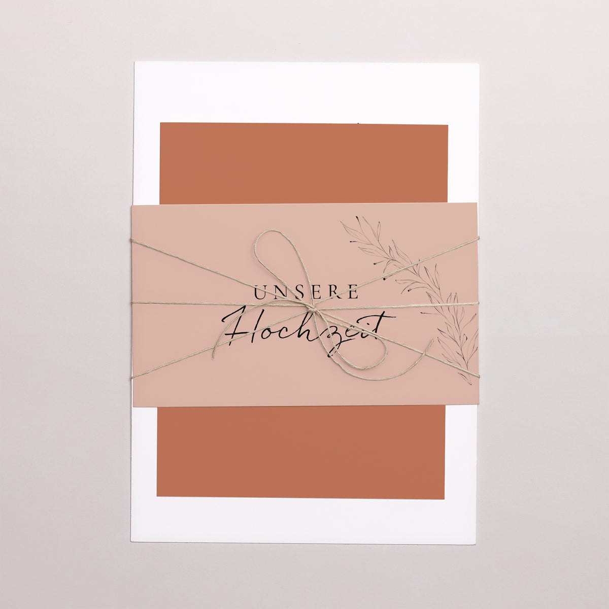 Hochzeitseinladung 3 Karten, Band Zimtfarbene Kalligraphie foto