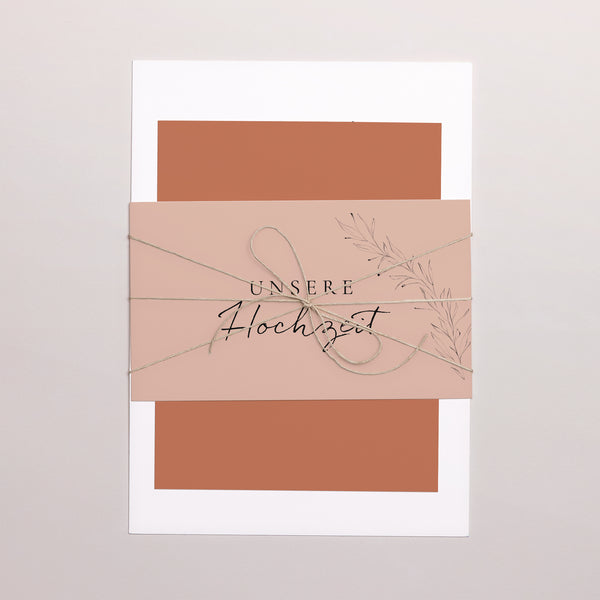 Hochzeitseinladung 3 Karten, Band Zimtfarbene Kalligraphie foto