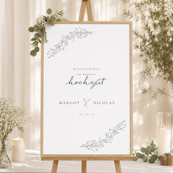 Begrüßungstafel Hochzeit Porträt 60 x 90 cm Zimtfarbene Kalligraphie foto