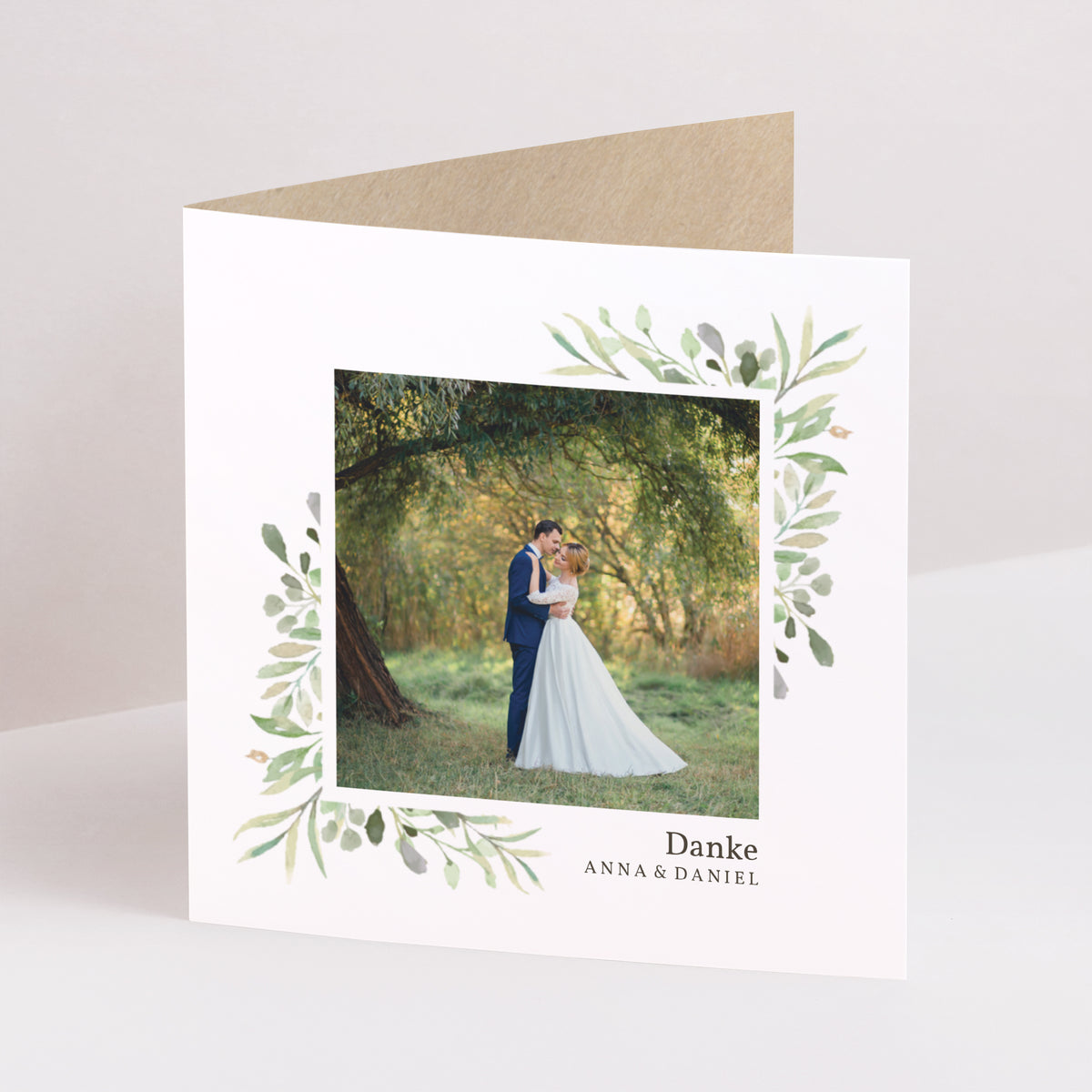 Dankeskarte Hochzeit Doppelflügiges Quadrat Rahmen Blätter foto