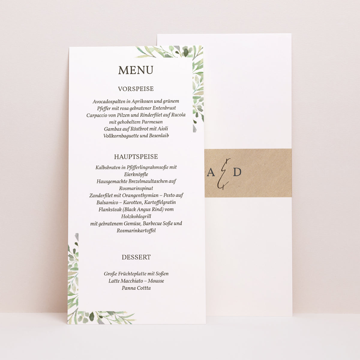 Menükarte Hochzeit Panoramatisches Porträt Rahmen Blätter foto