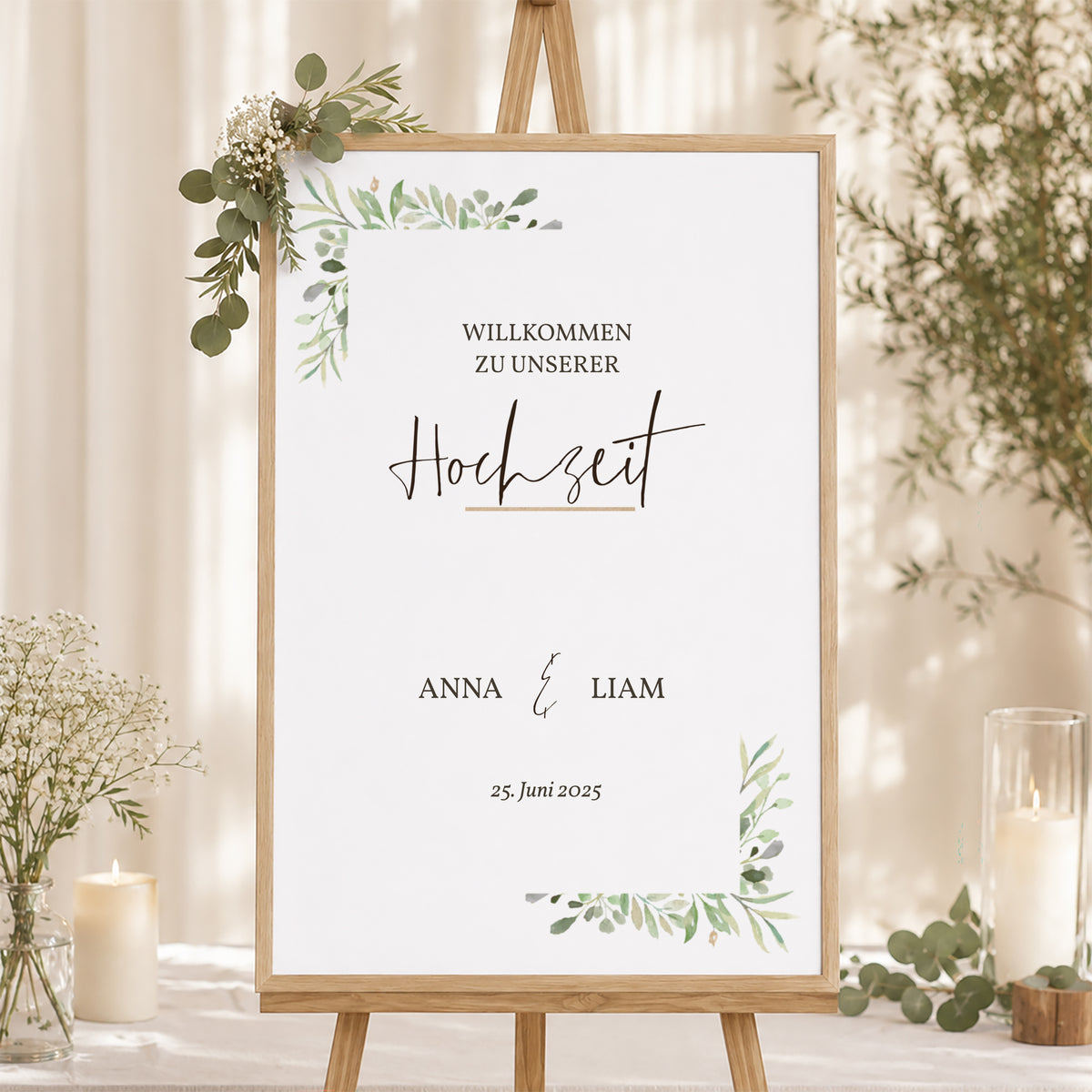 Begrüßungstafel Hochzeit Porträt 60 x 90 cm Rahmen Blätter foto N° 1