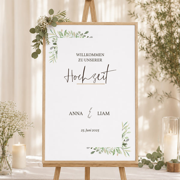 Begrüßungstafel Hochzeit Porträt 60 x 90 cm Rahmen Blätter foto