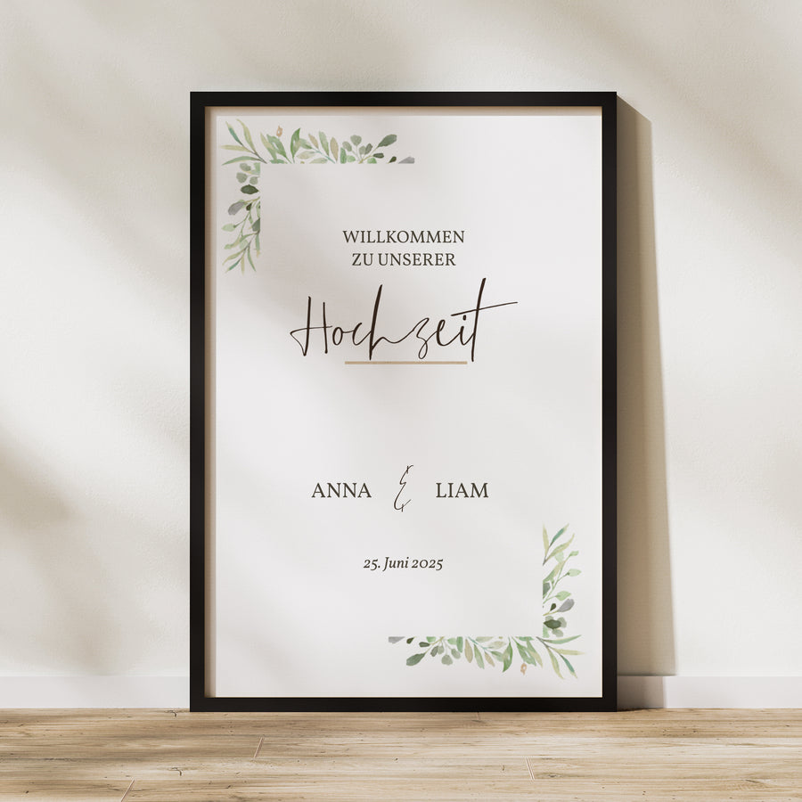 Begrüßungstafel Hochzeit Porträt 60 x 90 cm Rahmen Blätter foto