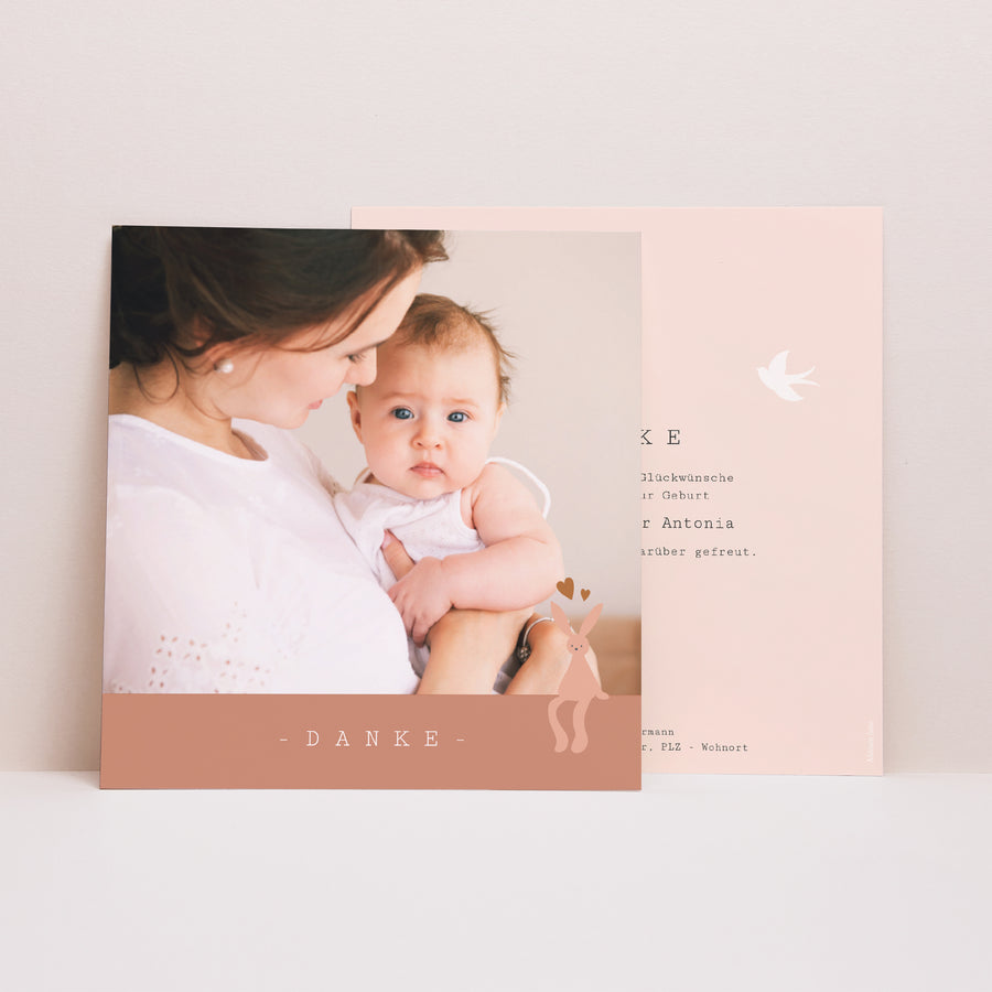 Dankeskarte Geburt Quadrat Rosa Kleid, Fotos, Lesezeichen foto