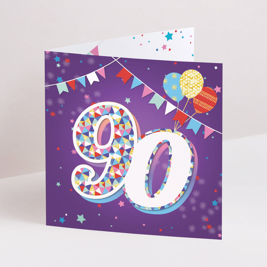 Beilegekarte Geburtstag Erwachsener Doppelflügiges Quadrat 90 Jahre, Zirkus, Lack foto