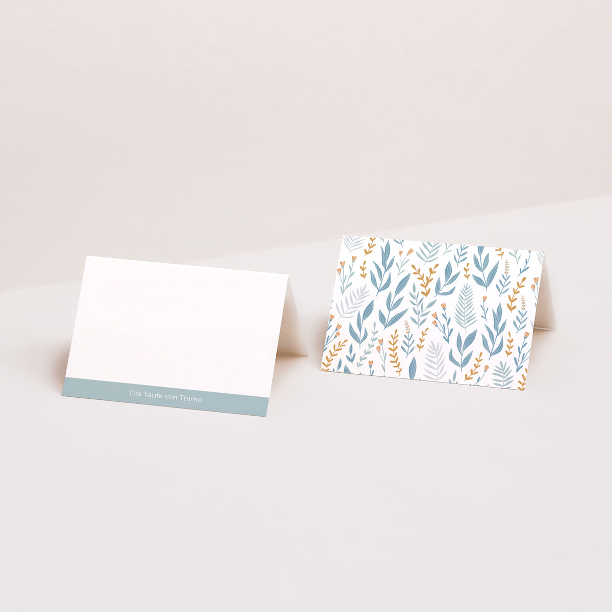 Tischkarten Taufe Quer Taube, Blumenband, blau foto