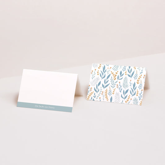 Tischkarten Taufe Quer Taube, Blumenband, blau foto