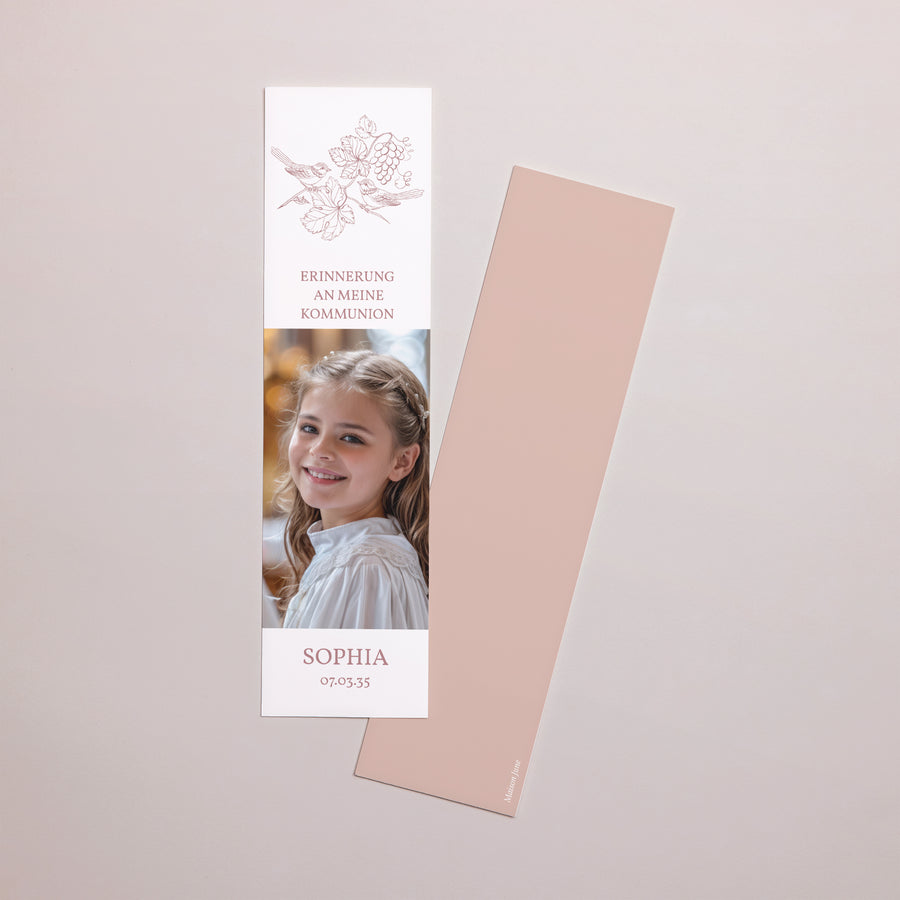 Lesezeichen Kommunion Lesezeichen Vögel und Foto, Weinrebe, Rose foto