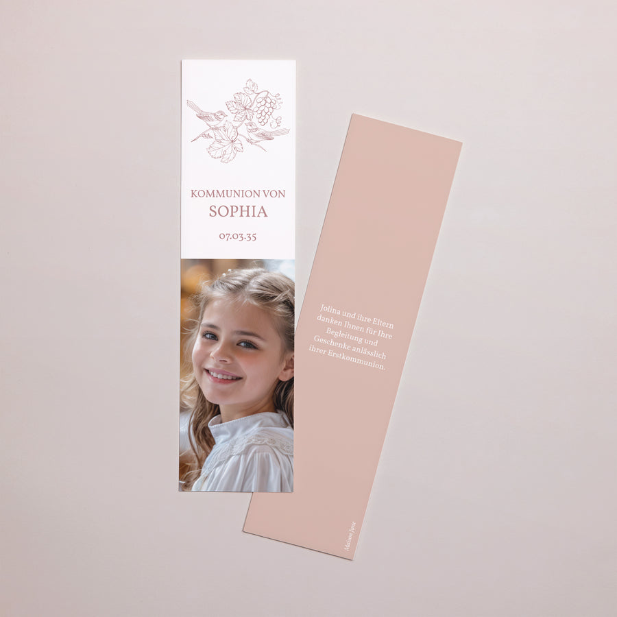 Dankeskarte Kommunion Lesezeichen Vögel und Foto, Weinrebe, Rose foto
