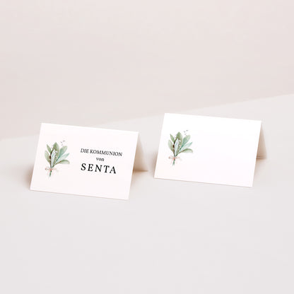 Tischkarten Kommunion Quer Blumenkranz, Medaillon und Goldkreuz foto N° 1