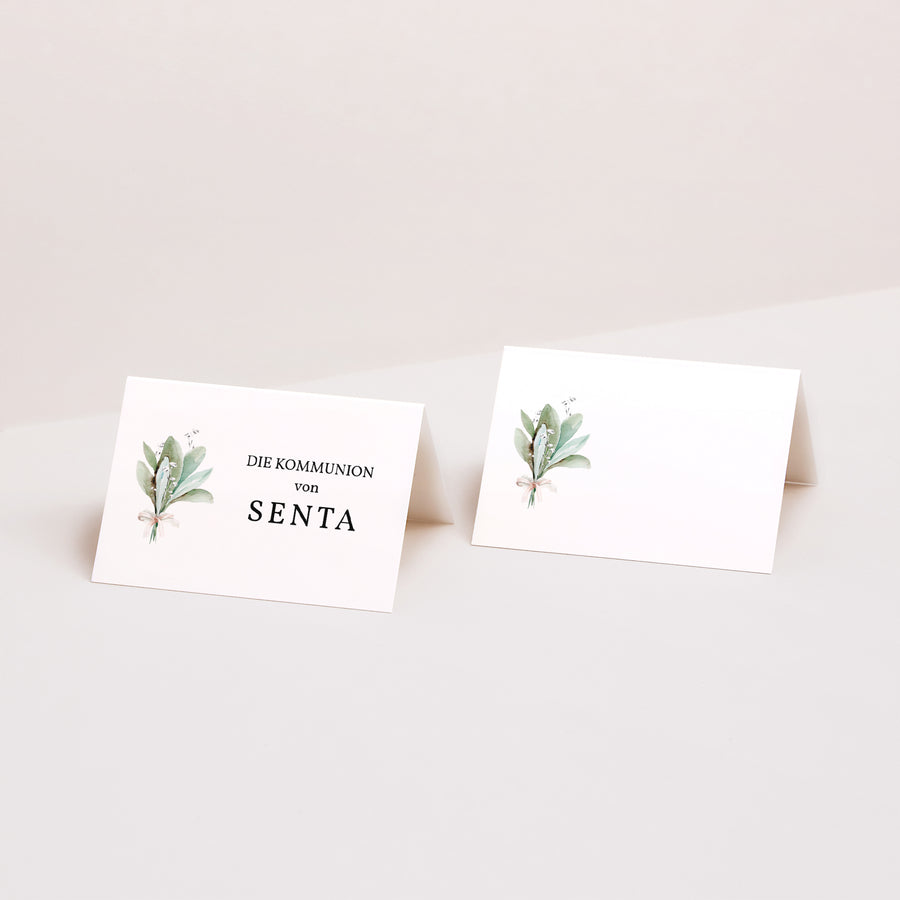 Tischkarten Kommunion Quer Blumenkranz, Medaillon und Goldkreuz foto