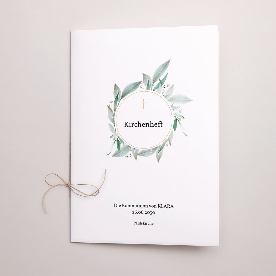 Kirchenheft Kommunion Doppelflügel Blumenkranz, Medaillon und Goldkreuz foto