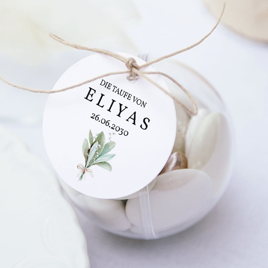 Geschenkbox Taufe Kugel mit runder Etikette Blumenkranz II foto