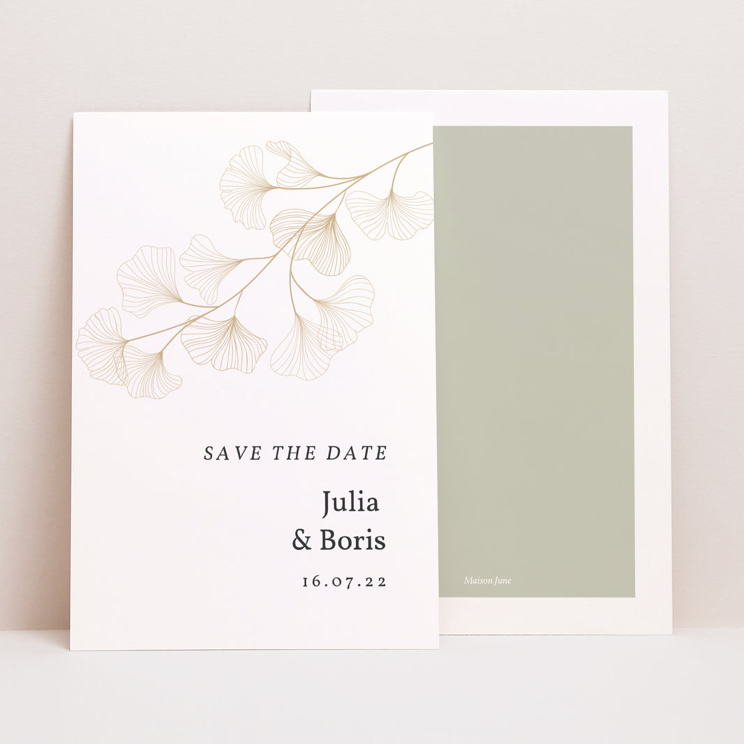 Save the date Karte Hochzeit PortraitPorträt Ginkgo Biloba, Goldene Blätter foto N° 1