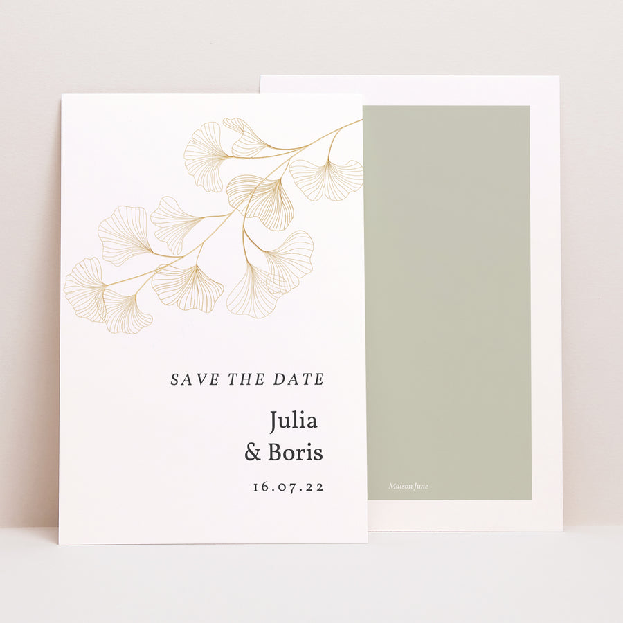 Save the date Karte Hochzeit PortraitPorträt Ginkgo Biloba, Goldene Blätter foto