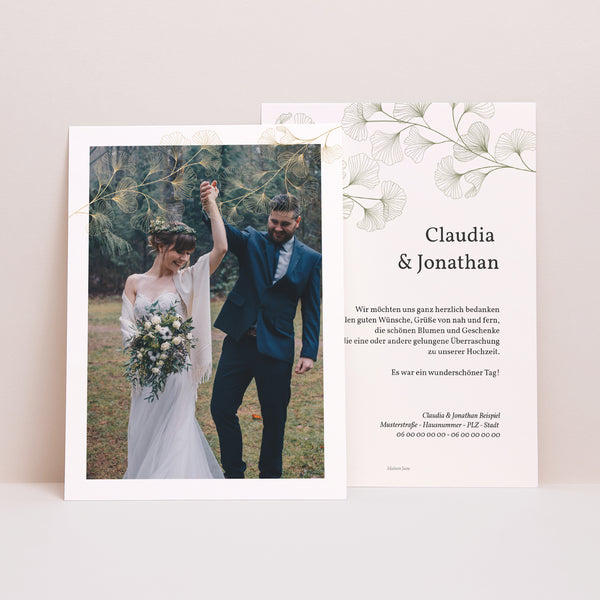 Dankeskarte Hochzeit Ginkgo Biloba, Goldene Blätter foto