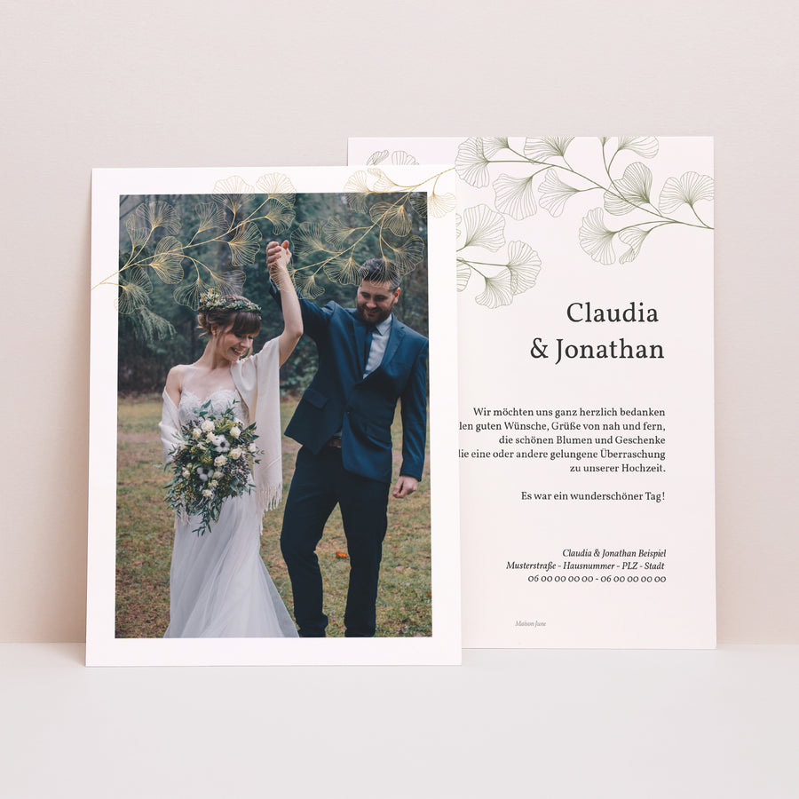 Dankeskarte Hochzeit Ginkgo Biloba, Goldene Blätter foto