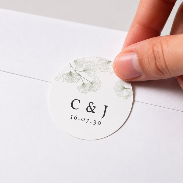 Sticker Hochzeit Rund Ginkgo Biloba, Goldene Blätter foto