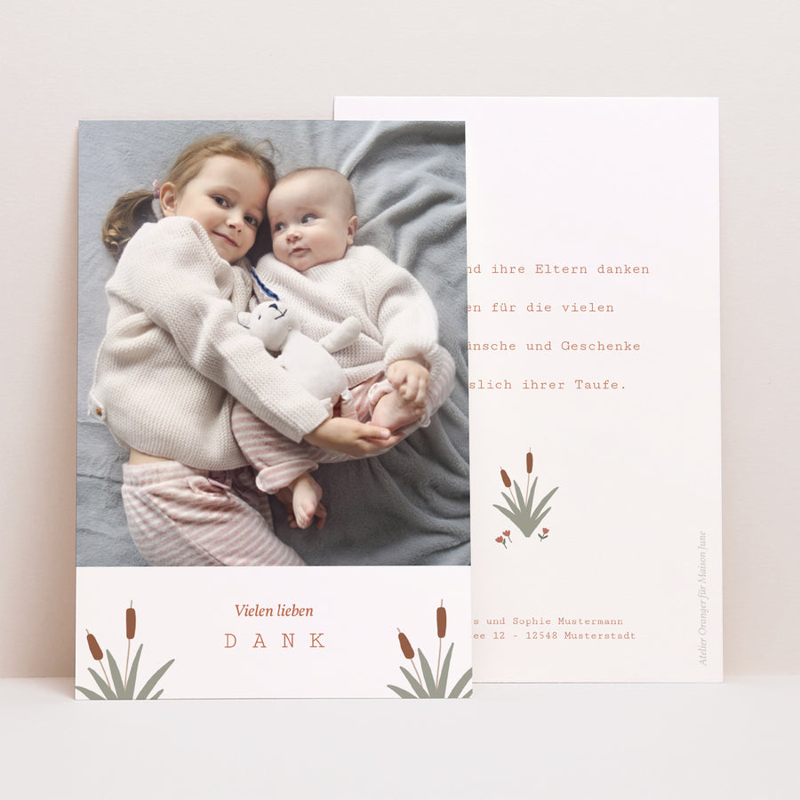 Dankeskarte Taufe PortraitPorträt Baby Schwan, Ocker Braun foto