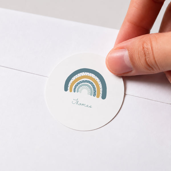 Sticker Geburt Rund Blauer Regenbogen, hübsches Etikett foto