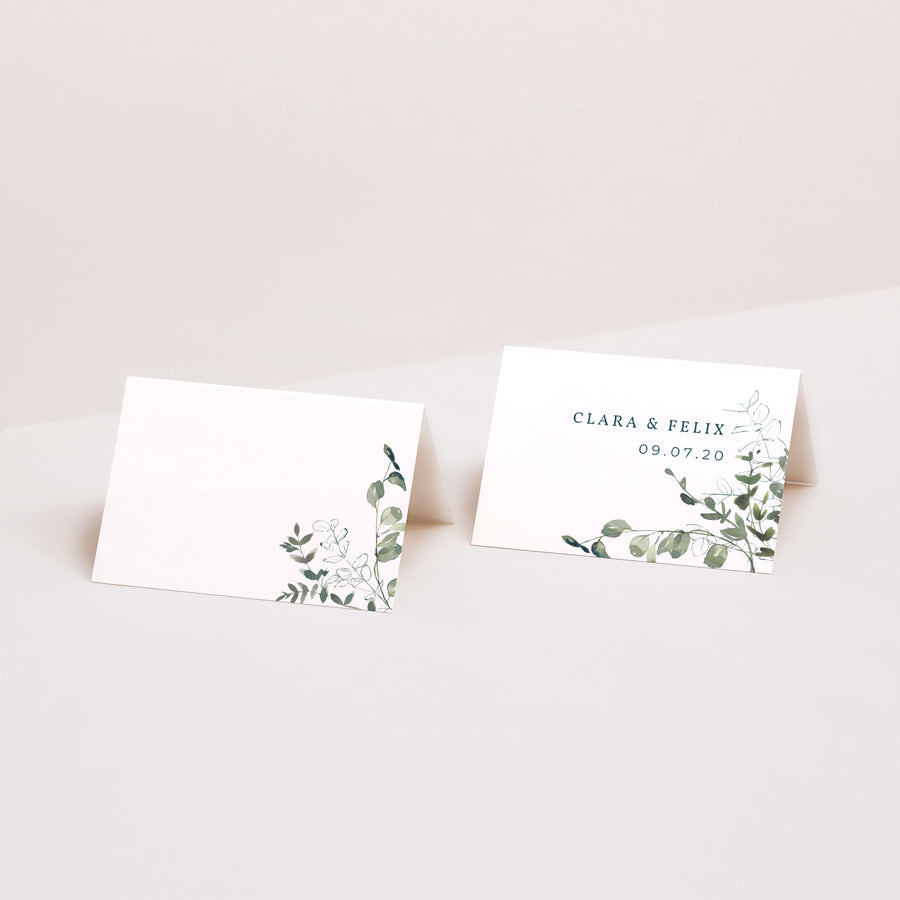 Tischkarten Hochzeit Quer Blumig und Eukalyptus foto