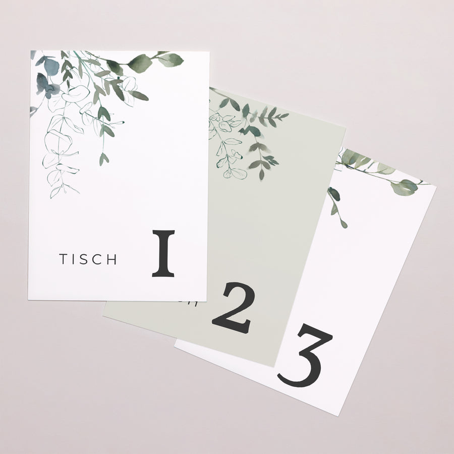 Tischnummern Hochzeit Rechteck Blumig und Eukalyptus foto