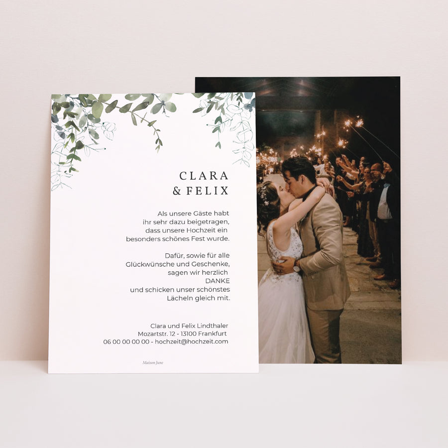 Dankeskarte Hochzeit Blumig und Eukalyptus foto