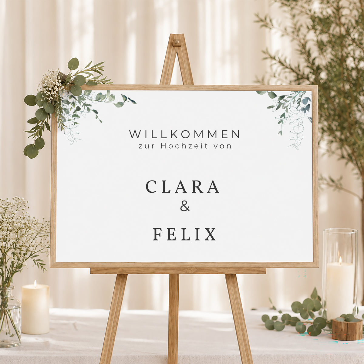 Begrüßungstafel Hochzeit Landschaft 90 x 60 cm Blumig und Eukalyptus foto N° 1