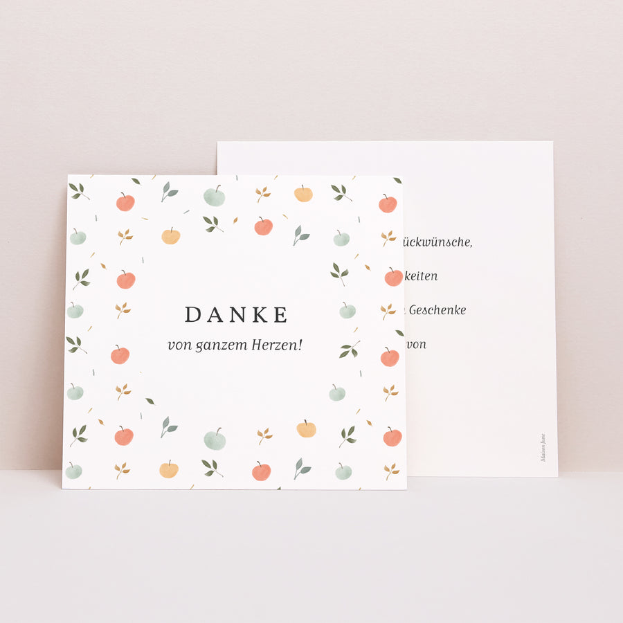 Dankeskarte Geburt Quadrat Pomme de reinette und pomme d'api, rundes Etikett foto