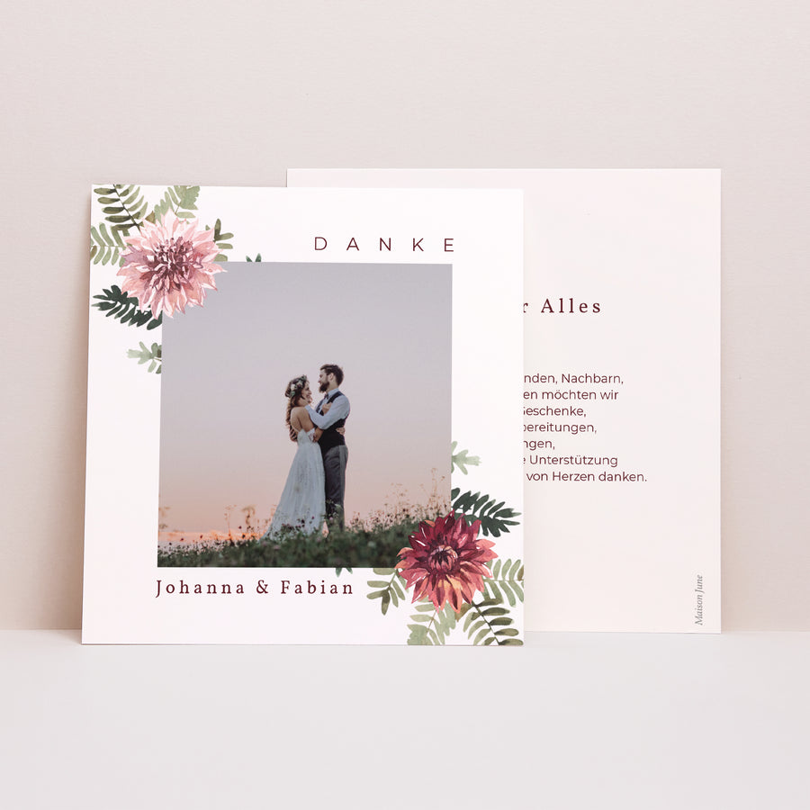 Dankeskarte Hochzeit Quadrat Blumiger Akkord, Dahlie & Farnkraut foto