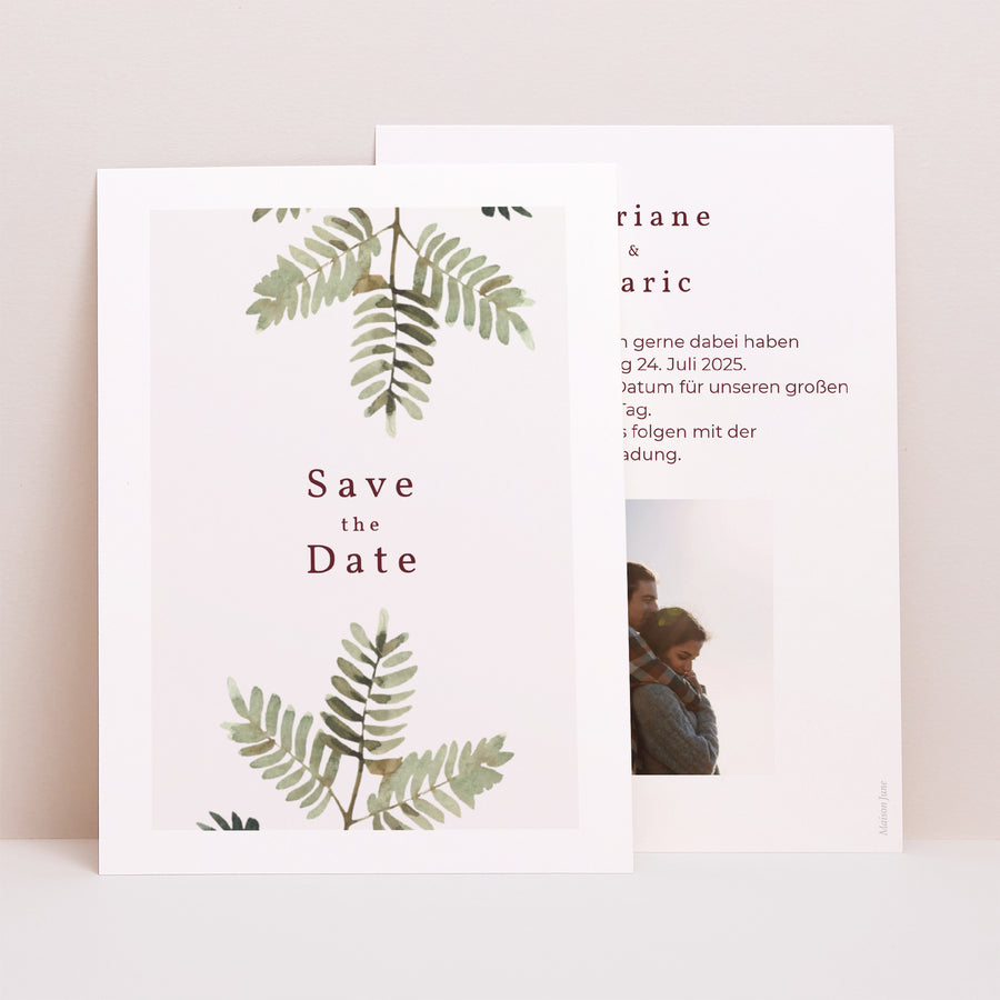 Save the date Karte Hochzeit Porträt Blumiger Akkord, Dahlie & Farnkraut foto