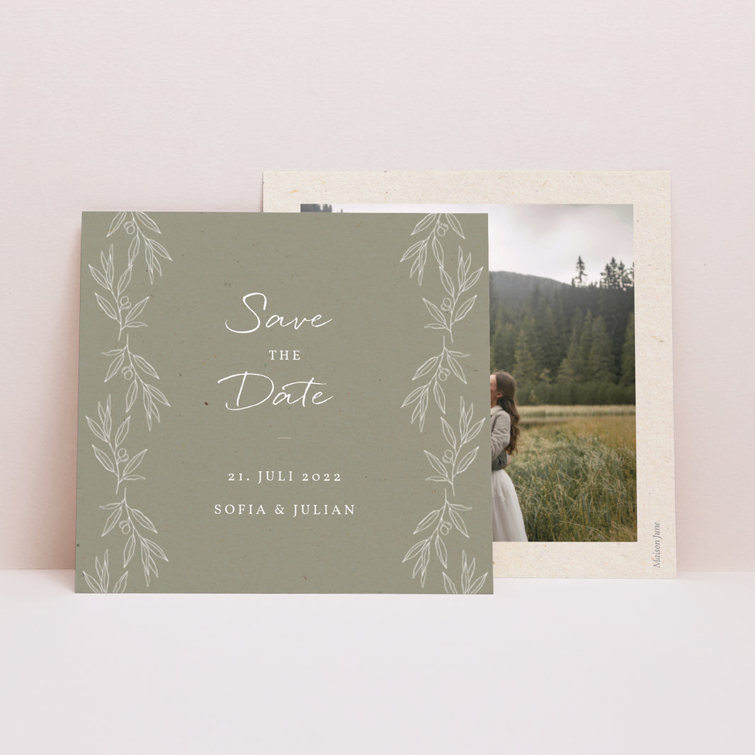 Save the date Karte Hochzeit Quadrat Olivier Textur Papier foto N° 1